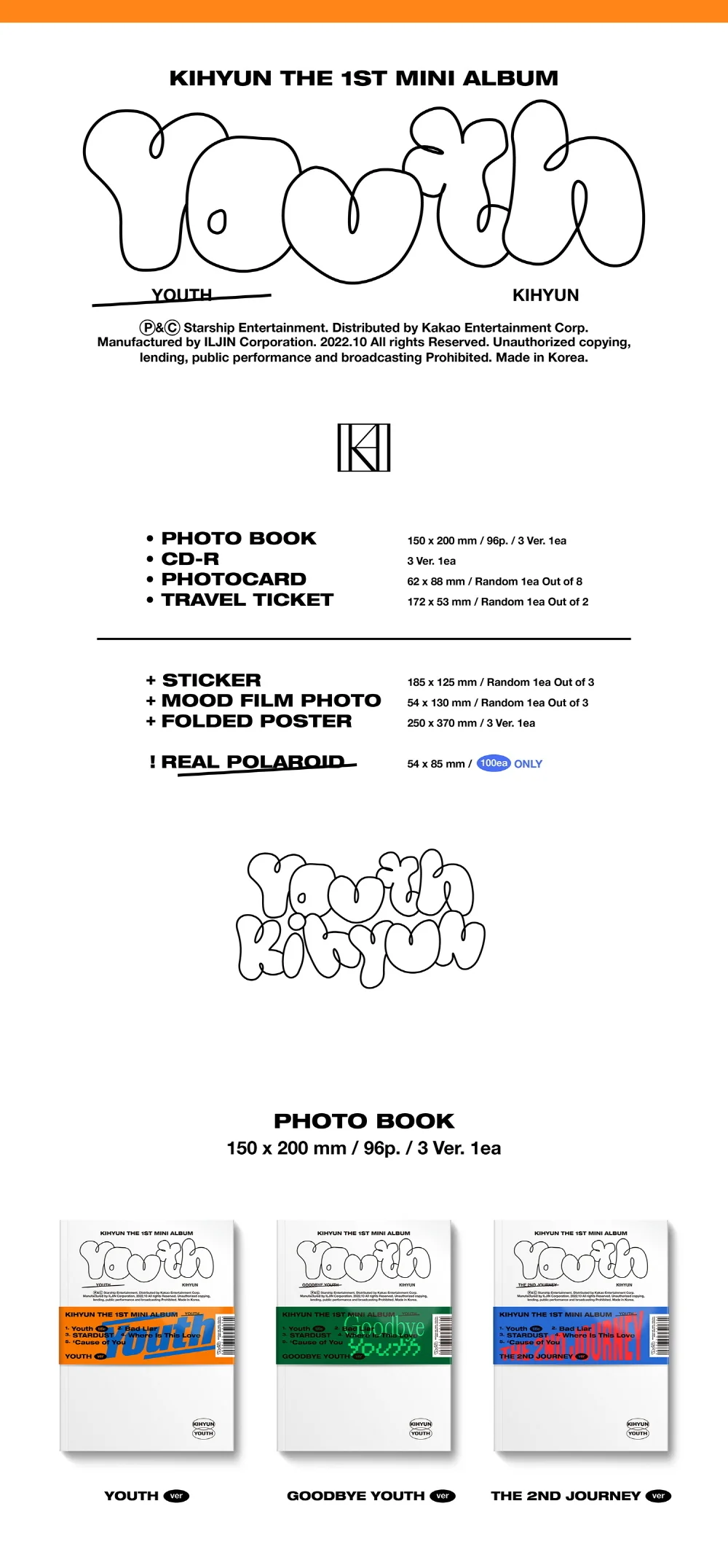KIHYUN MONSTA X - 1st Mini Album YOUTH CD+Pre-Order Benefit - Image 2