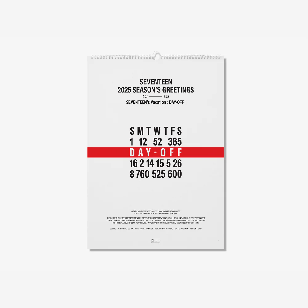 Seventeen 2025 Wall Calendar Seventeen's Vacation : Day-off